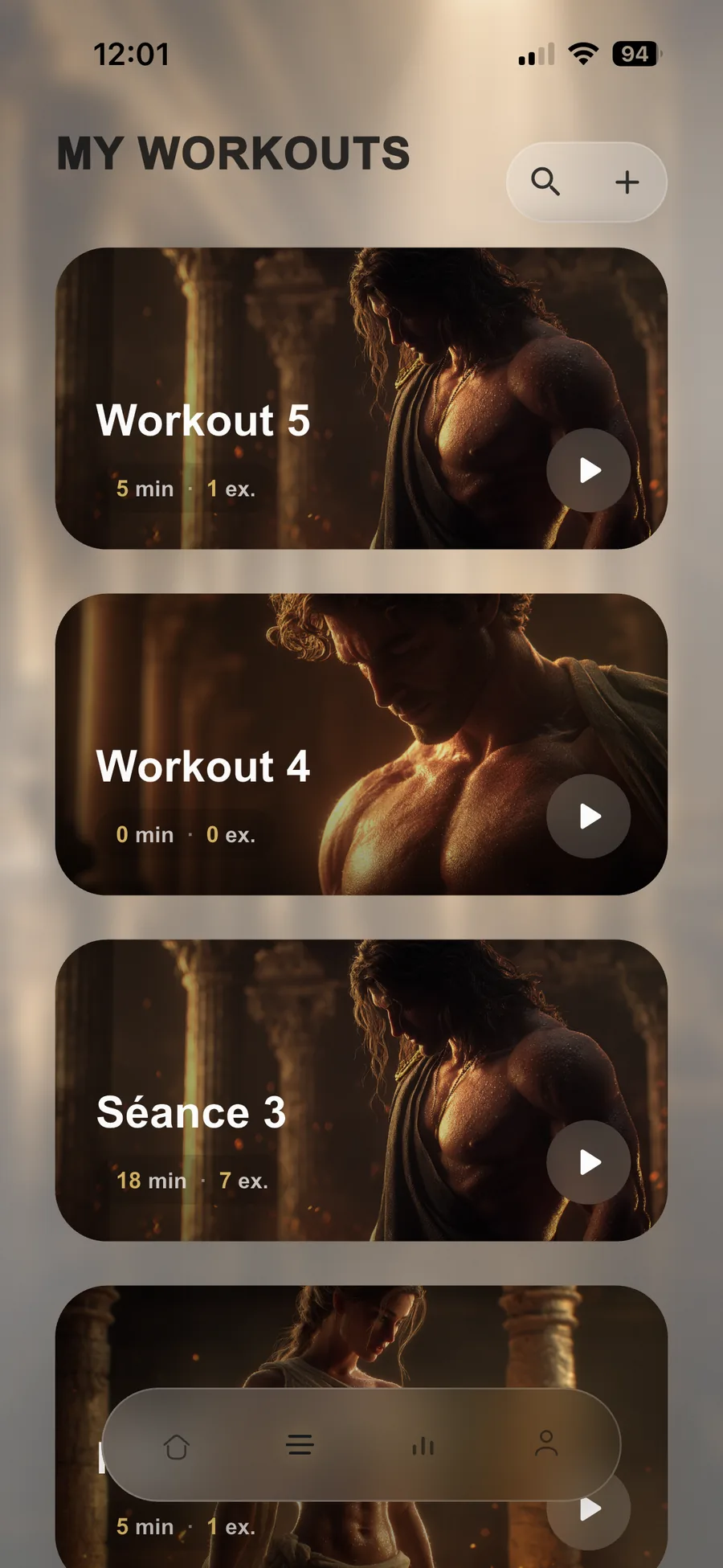 AARU workout library screen